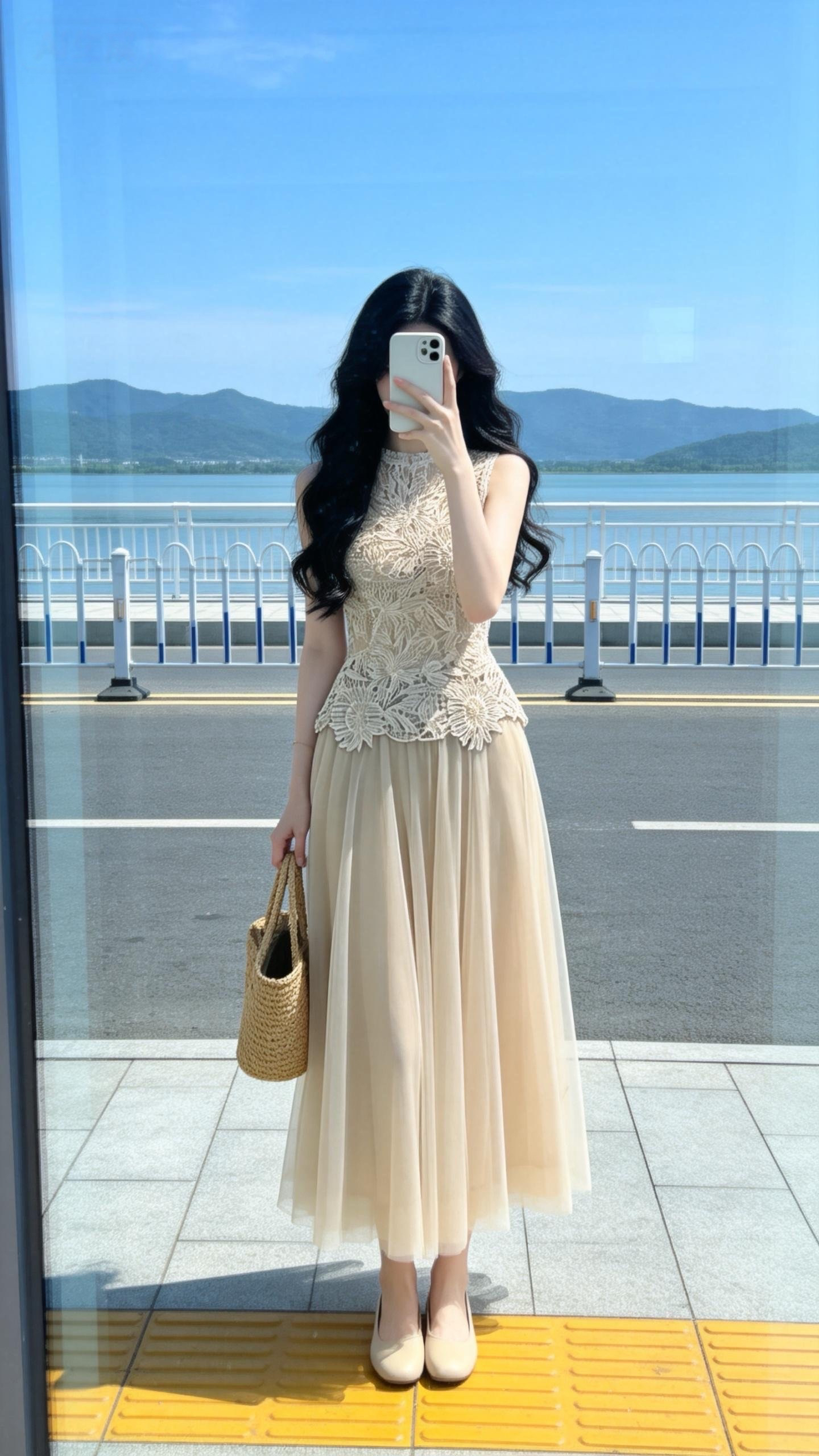 실사 정가 2026 새로운 여성 의류 맨위 레이스 레이스 코디 슬립 반신 스커트 거즈 스커트 세 조각 세트