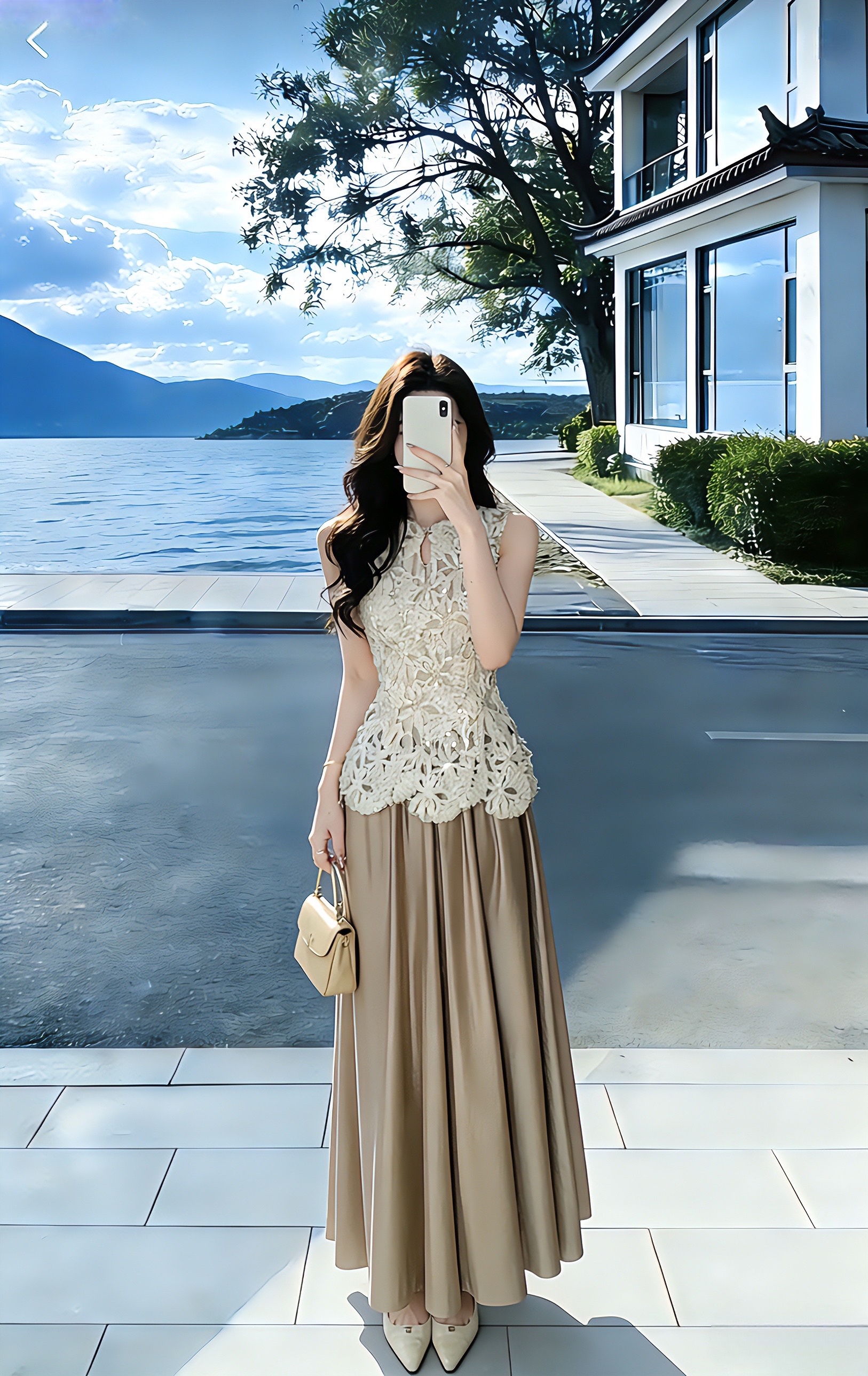 실사 정가 2026 새로운 프랑스식 우아함 민소매 3 차원 자수 홀로우 아웃 레이스 조끼 허리 수축 품격 세트