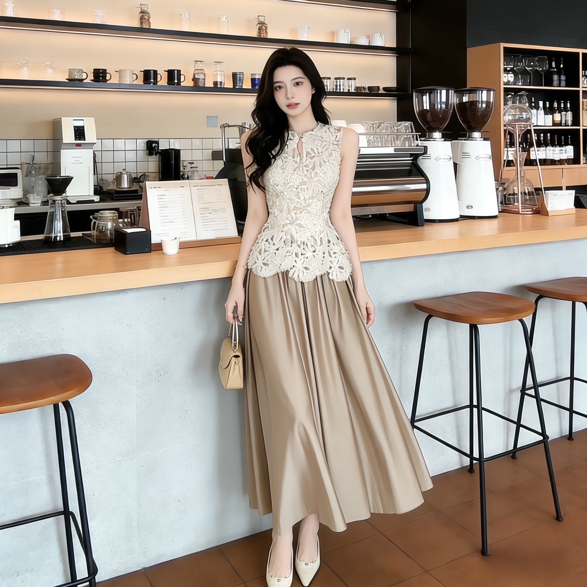 실사 정가 2026 여름 새로운 품격 다용도 반신 스커트 도루 센스 A라인 스커트 프랑스식 우아함 3 차원 홀로우 아웃