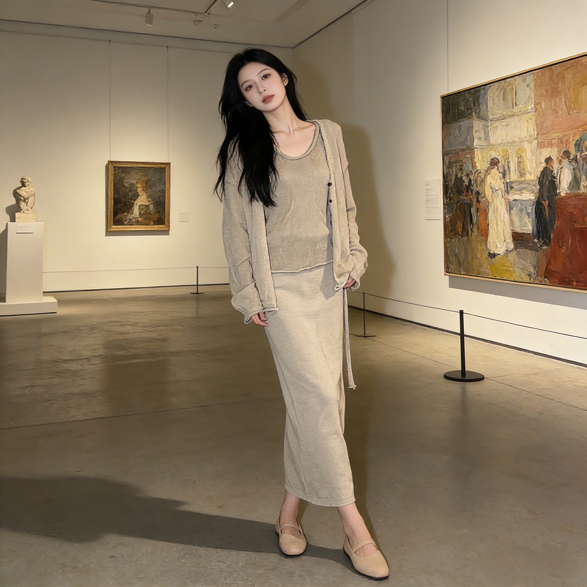 실사 2026 년 봄 여름 새로운 캐주얼 다용도 오래된 돈 바람 서리가 내린 바람 루즈핏 오픈 가디건 반신 스커트 세 조각 세트