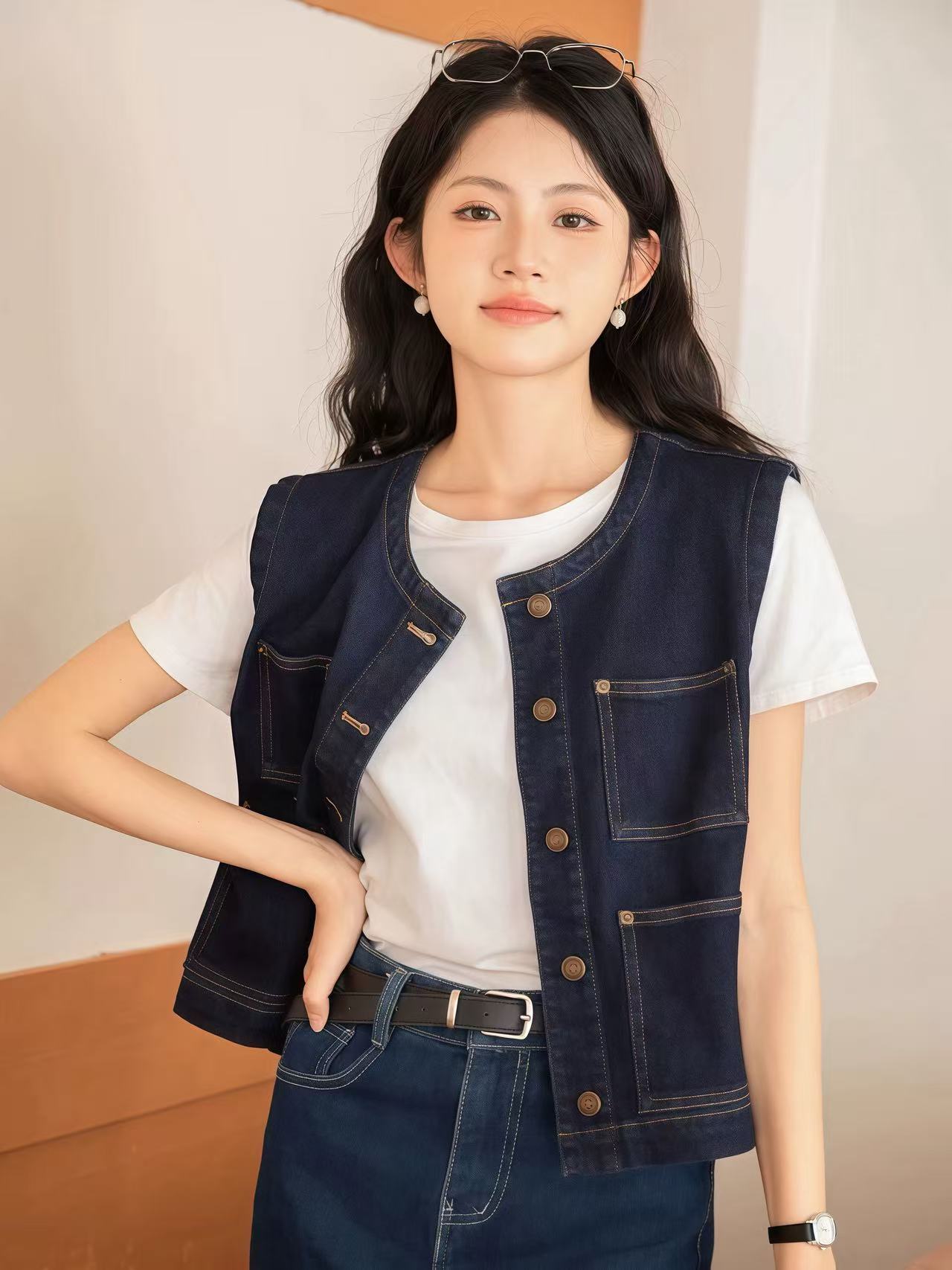 일본식 외부 가져 가라. 스택 착용 셔츠 데님 베스트 조끼 여성 봄 가을 2026 새로운 작은 키 레트로 어깨 조끼