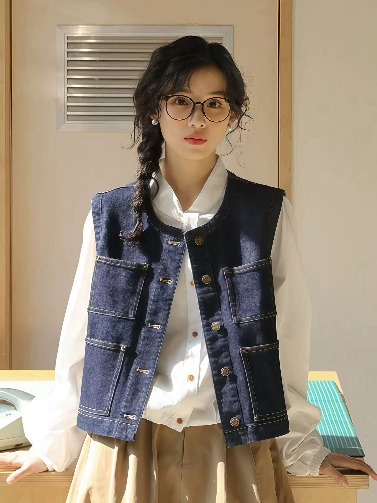 일본식 외부 가져 가라. 스택 착용 셔츠 데님 베스트 조끼 여성 봄 가을 2026 새로운 작은 키 레트로 어깨 조끼