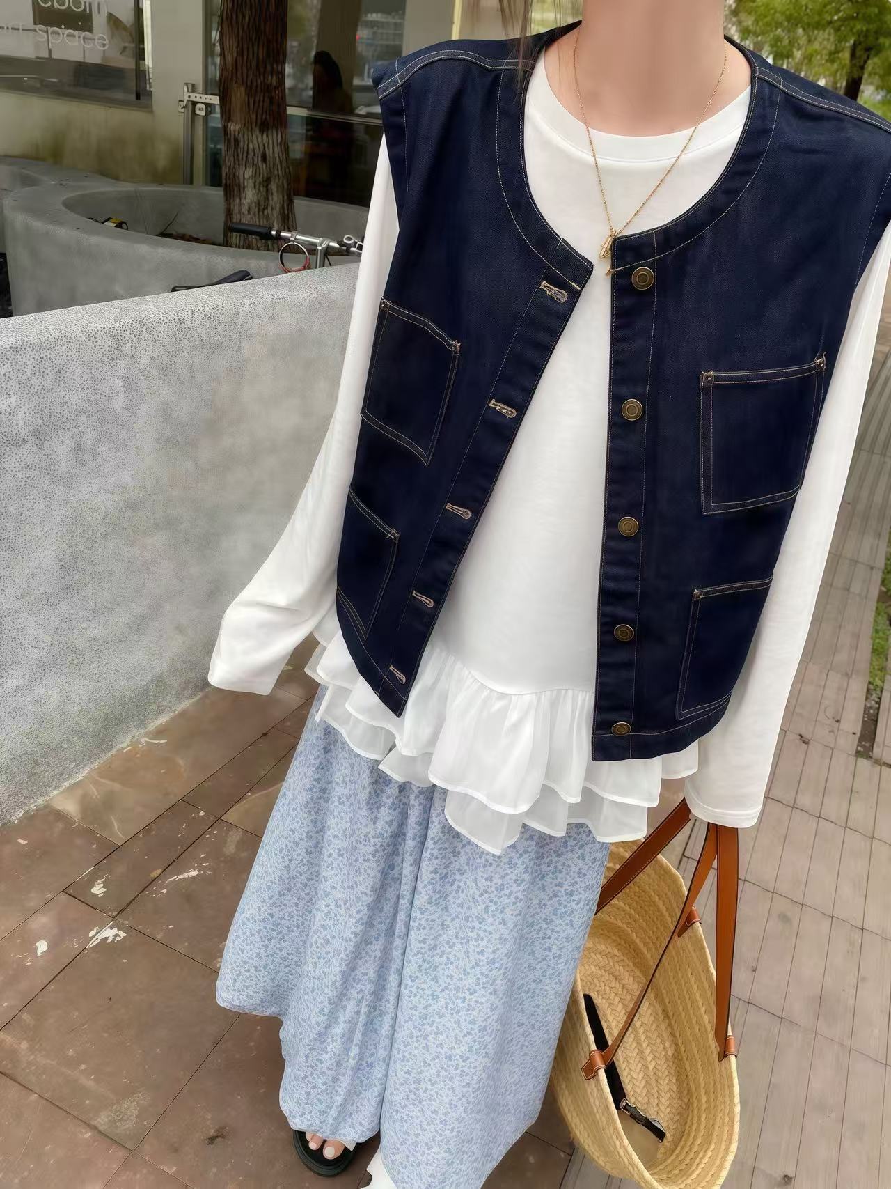 일본식 외부 가져 가라. 스택 착용 셔츠 데님 베스트 조끼 여성 봄 가을 2026 새로운 작은 키 레트로 어깨 조끼