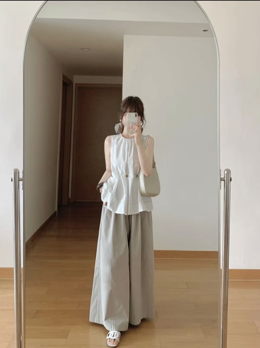 한 부서 여름 드레스 코디 전체 집합 비즈 조끼 민소매 맨위 슬림해 보이는 넓은 다리 9 포인트 바지 캐주얼 투피스 세트