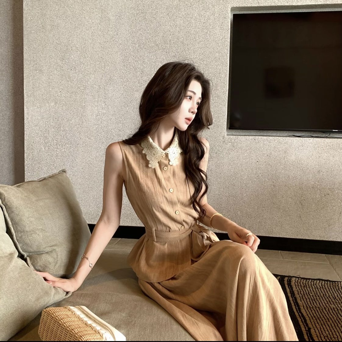 레트로 스타일 레이스 레이스 민소매 맨위 도루 센스 반신 스커트 아마 세트