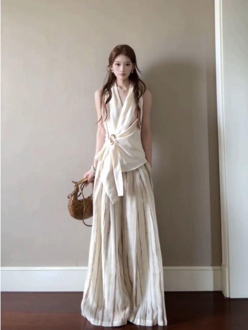 여자 와이드 레그 팬츠 여름 얇은 스타일 스트레이트 루즈핏 슬림해 보이는 스트라이프 캐주얼 바지 긴 바지