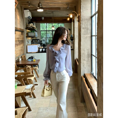 批发木子李的李清冷设计感长袖木耳边<b class='q'>雪纺</b><b class='q'>衫</b>微透上衣微喇针织<b class='q'>长裤</b>女秋
