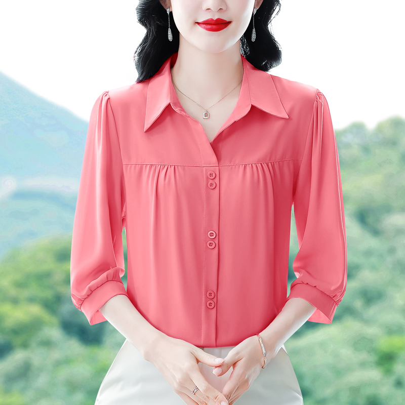 실사 2025 봄 여름 새로운 외국 가스 7부 소매 맨위 품격 연령 감소 셔츠 여성 빅 사이즈 작은 셔츠