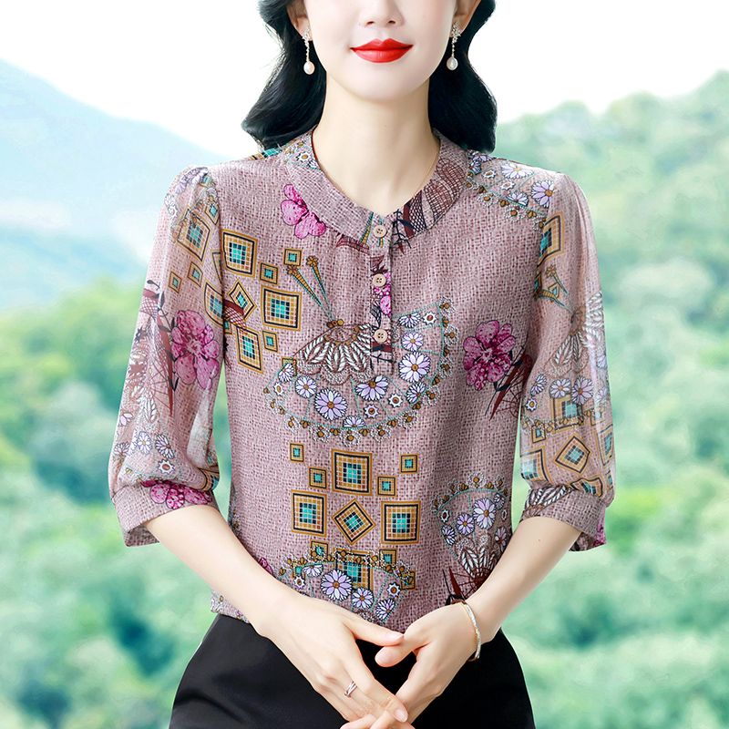 6 봄 여름 새로운 프릴 표지 고기 통기성 작은 셔츠 7부 소매 여성 의류 품격 프린트 슬림해 보이는 맨위