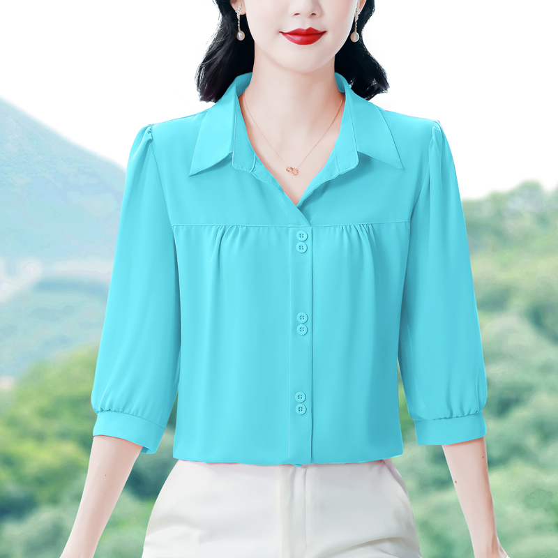 실사 2026 봄 여름 새로운 외국 가스 7부 소매 맨위 품격 연령 감소 셔츠 여성 빅 사이즈 작은 셔츠
