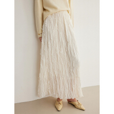 批发米白色肌理感褶皱半身裙女2026春新款松紧腰优雅气质a字<b class='q'>长裙</b>