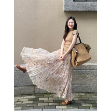 批发韩系穿搭套装女夏季巨好看针织短袖上衣碎花百褶半身<b class='q'>长裙</b>子两件套