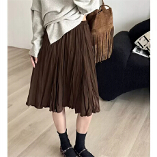 批发复古鹿皮绒百褶半身裙女秋冬新款松紧腰显瘦气质<b class='q'>百搭</b>a字中长半裙