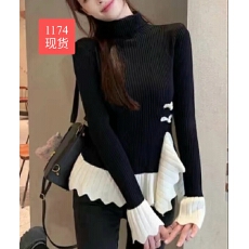 批发2025秋冬新款<b class='q'>荷叶边</b>高领内搭打底衫女设计感不规则拼接撞色针织衫