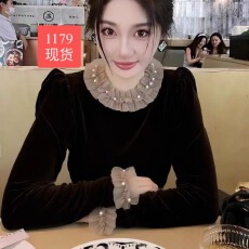 批发赫本风重工钉珠丝绒<b class='q'>长袖</b>T恤女秋季新款千金感小众别致绝美上衣服