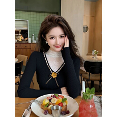 批发秋冬立体花朵半高领毛衣针织打底衫女内搭修身蕾丝拼接假两件<b class='q'>上衣</b>