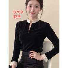 批发法式赫本风黑色蕾丝花边丝绒衬衫25冬女装高级感独特漂亮内搭上衣