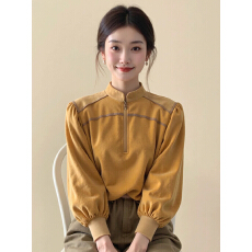 批发新中式女装姜黄色立领灯笼袖丝绒上衣25冬宽松显瘦高级感国风小衫