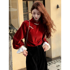 批发新中式绝美巨好看的酒红色拼接灯芯绒<b class='q'>衬衫</b>女冬季国风独特别致上衣