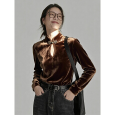 批发新中式国风内搭咖色丝绒上衣女超好看高贵洋气高级感别致漂亮小衫