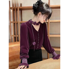 批发法式气质紫色飘带丝绒衬衫女2026春季新款<b class='q'>喇叭袖</b>洋气显瘦开衫上衣