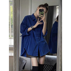 批发克莱因蓝衬衫绝美新中式国风灯芯绒上衣改良<b class='q'>汉服</b><b class='q'>唐装</b>盘扣翻领衬衣