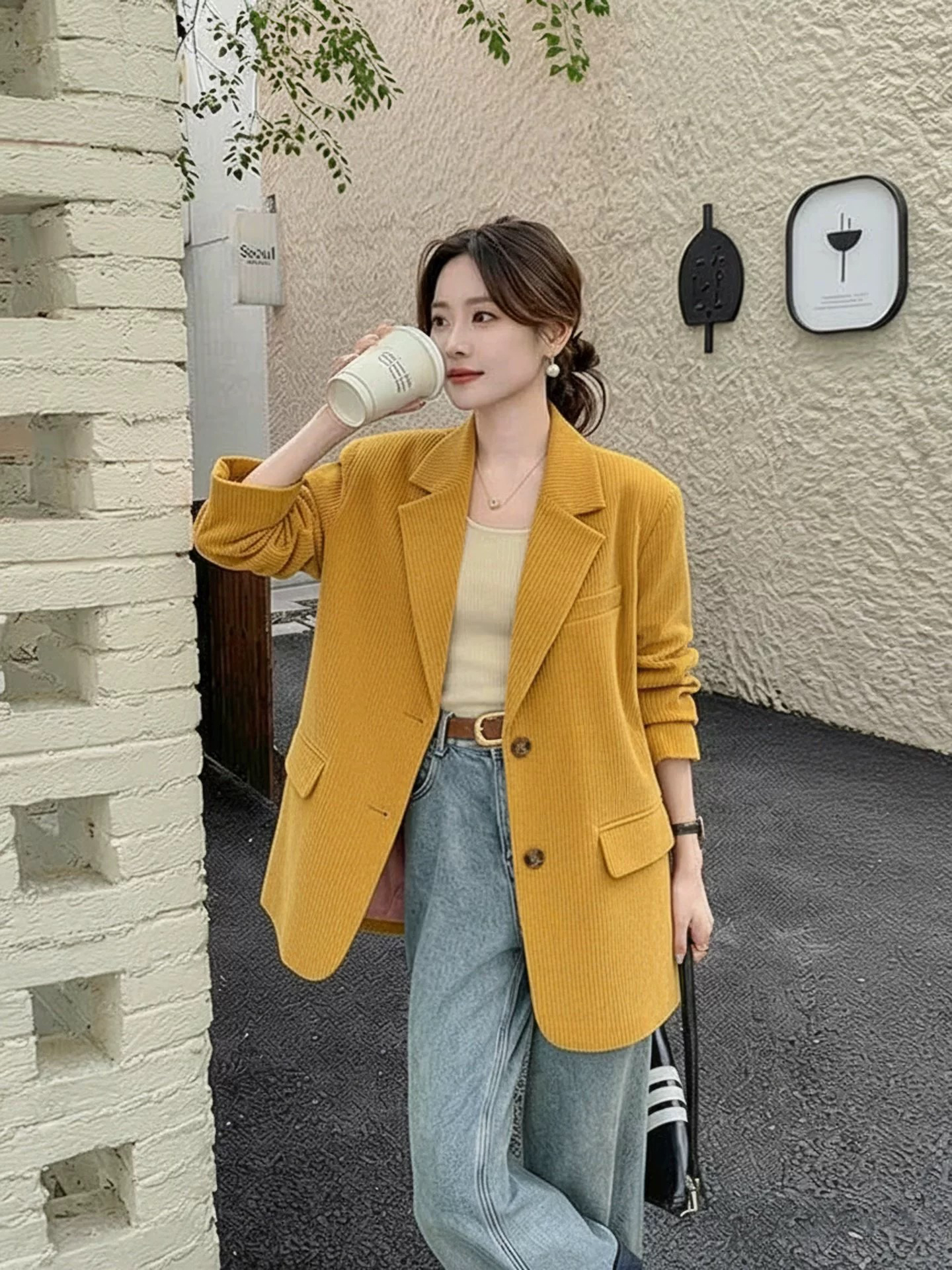황색 코듀로이 정장 여성 코트 품격 세련된 외국 가스 한 부서 있음 질감 슈퍼 패션 코치 아름다운 맨위