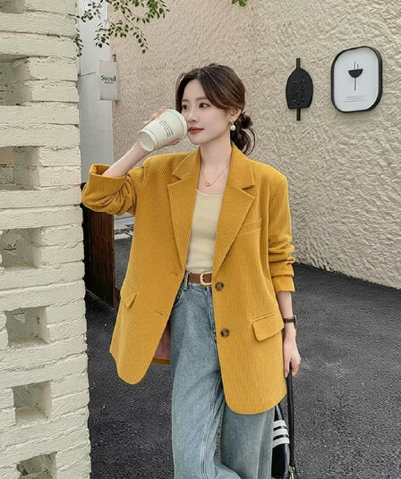 황색 코듀로이 정장 여성 코트 품격 세련된 외국 가스 한 부서 있음 질감 슈퍼 패션 코치 아름다운 맨위