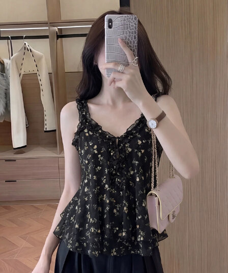검정색 프랑스식 꽃무늬 조끼 여성 의류 여름 고급 센스 자이언트 잘 생긴 ~ 중 뒤로 홀로우 아웃 민소매 작은 슬링 맨위