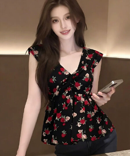 프랑스식 레트로 V넥 꽃무늬 조끼 여성 여름 새로운 민소매 몸매 가꾸기 슬림해 보이는 연령 감소 디자인 센스 다용도 맨위