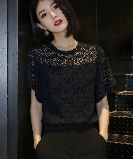 외국 가스 연령 감소 검정색 티셔츠 여성 여름 2026 년 새로운 고유 한 Chic 반팔 고급 절묘한 빛 럭셔리 맨위