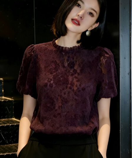 레트로 레이스 바람 거품 소매 여성 2026 여름 새로운 보라색 레이스 칼라 자수 반팔 품격 홀로우 아웃 맨위
