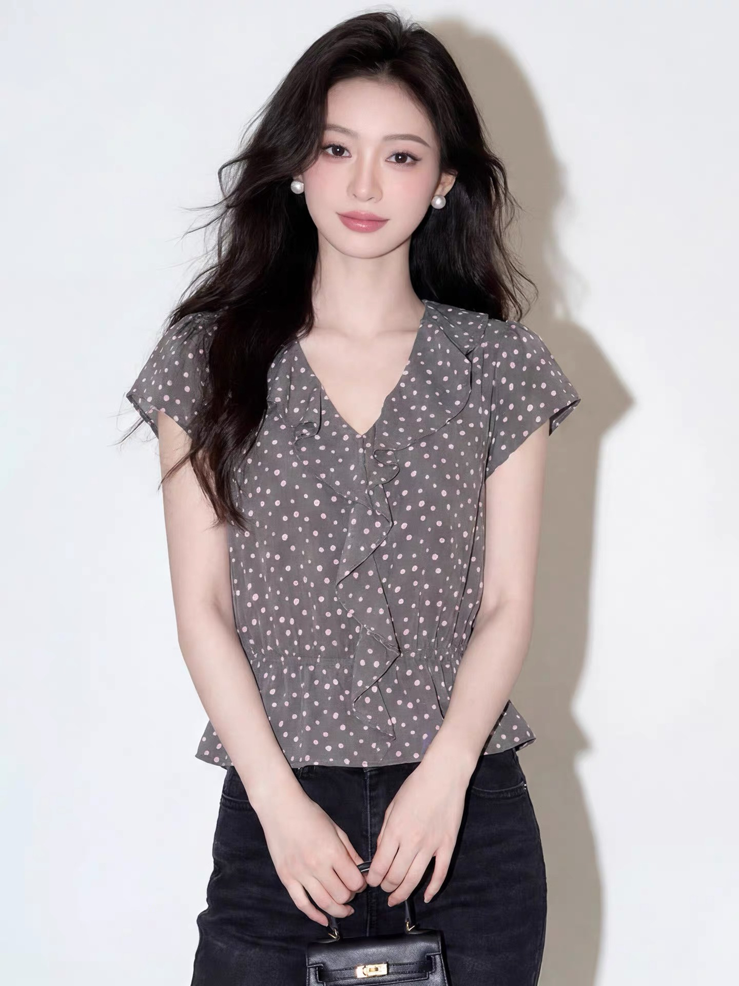 새로운 패션 도트 무늬 프릴 회색 셔츠 여성 의류 여름 출퇴근 품격 연령 감소 캐주얼 일상 센스 맨위 여성