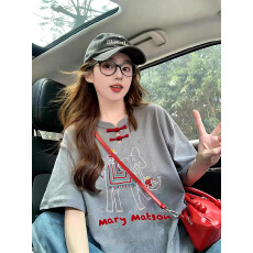 批发新中式国风灰色小象印花短袖<b class='q'>t</b><b class='q'>恤</b>女2026夏季新款宽松遮肉盘扣上衣