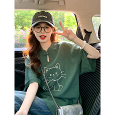 批发新中式墨绿色棉麻短袖<b class='q'>t</b><b class='q'>恤</b>女唐装汉服国风盘扣简笔画猫咪印花上衣