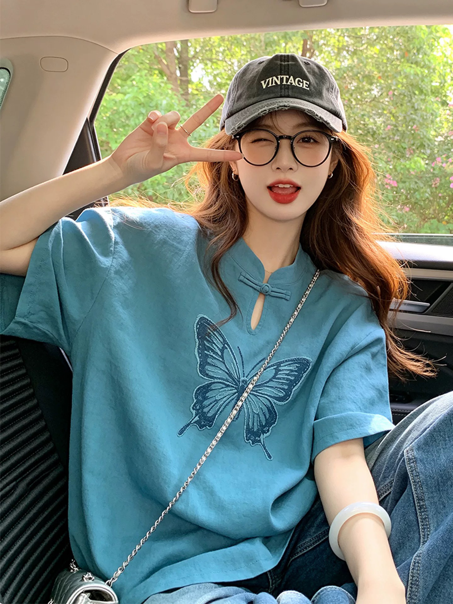 새로운 중식 맨위 파란색 나비 프린트 단추 티셔츠 여성 영 에디션 국풍 루즈핏 물방울 칼라 면 린넨 작은 셔츠