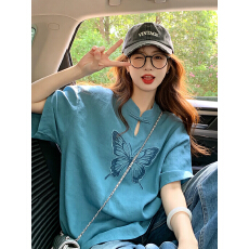 批发新中式上衣蓝色蝴蝶印花盘扣<b class='q'>t</b><b class='q'>恤</b>女年轻版国风宽松水滴领棉麻小衫