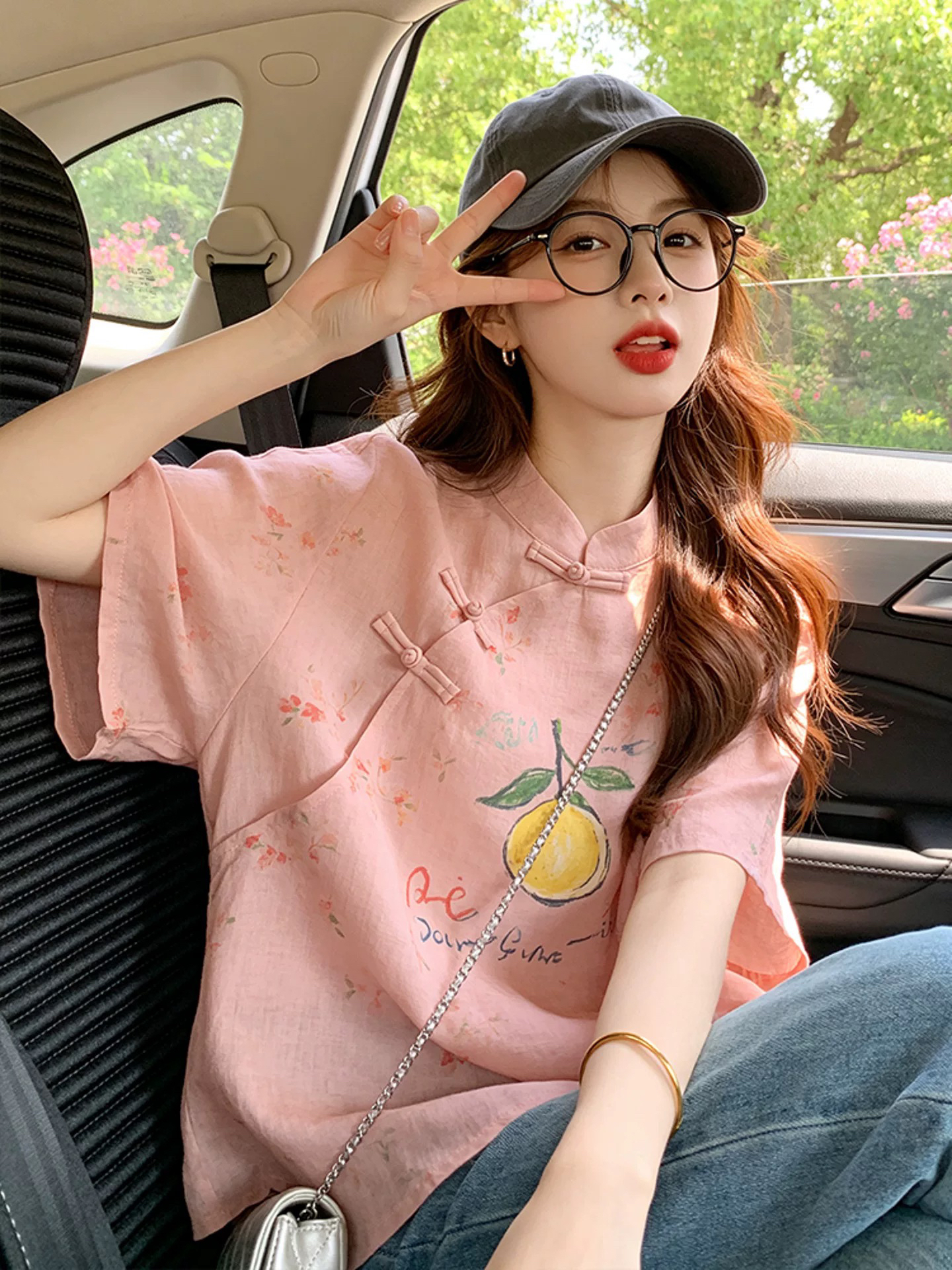 새로운 중식 핑크색 꽃무늬 레몬 면 린넨 반팔 티셔츠 2026 새로운 여름 고유 한 자이언트 잘 생긴 단추 맨위