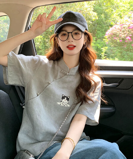 회색 면 린넨 새끼 고양이 반팔 티셔츠 중식 국풍 여성 의류 2026 새로운 개선 당나라 비스듬한 襟 단추 맨위