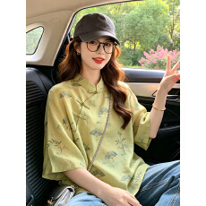 批发新中式上衣绿色扇形<b class='q'>印花</b>短袖t恤年轻版改良唐装斜襟盘扣宽松半袖