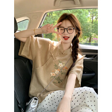批发新中式女装2026新款咖杏色棉麻斜襟短袖<b class='q'>t</b><b class='q'>恤</b>改良唐装<b class='q'>宽松</b>盘扣上衣
