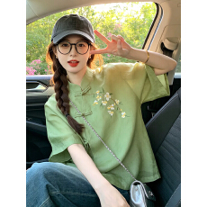 批发绿色花朵印花短袖<b class='q'>t</b><b class='q'>恤</b>独特绝美新中式国风上衣斜襟盘扣年轻版小衫