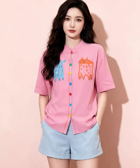 핑크색 만화 프린트 반팔 여성 셔츠 루즈핏 색상 단추 장식 맨위 여성 의류 일상 캐주얼 패션 바람