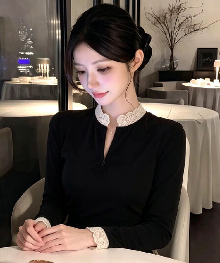 출퇴근 빛 요리 한 착용 가져 가라. 레이스 조각 기본 셔츠 여성 디자인 센스 지퍼 몸매 가꾸기 검정색 긴팔 티셔츠 맨위 가을
