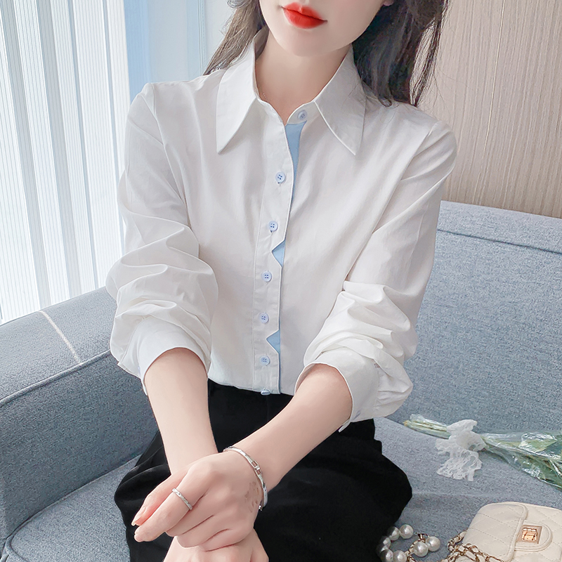 선물 화물 실사 2025 년 가을 순면 셔츠 루즈핏 슬림해 보이는 배색 문 襟 긴팔 맨위