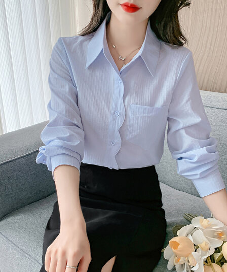실사 2026 봄 순면 셔츠 패션 물결무늬 옆문 襟 루즈핏 슬림해 보이는 긴팔 셔츠