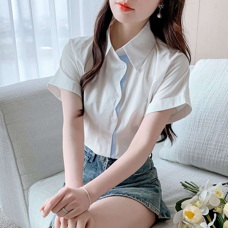 실사 여름 순면 반팔 셔츠 여성 루즈핏 슬림해 보이는 배트윙 소매 배색 문 襟 셔츠