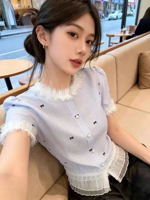 한 부서 부드러운 바람 연령 감소 나비 매듭 반팔 여성 셔츠 여름 패션 트렌드 패치워크 프릴 맨위