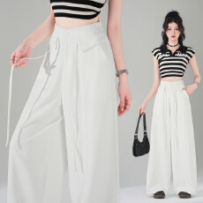 批发实拍春<b class='q'>夏</b>慵懒高腰垂感抽绳极简宽松显瘦百搭阔腿长裤