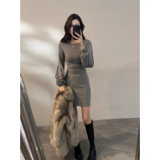 批发<b class='q'>灯笼</b>袖褶皱冬季新款<b class='q'>连衣裙</b>显瘦小众设计感百搭裙子